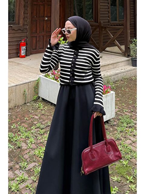 Lamelif Fırfırlı Çizgili Hırka Siyah - S000517985-19351