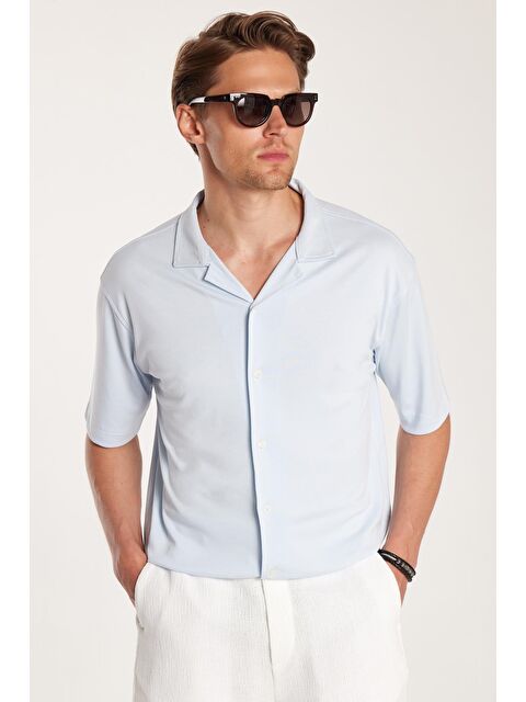 TUDORS Erkek Relax Fit Modal Kumaş Örme Premium Seri Kısa Kol Apaş Yaka Mavi Gömlek - S000518972-17234