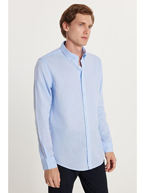 TUDORS Erkek Slim Fit Dar Kesim Uzun Kollu Keten Premium Seri Düğmeli Yaka Spor Açık Mavi Gömlek - S000518973-17437