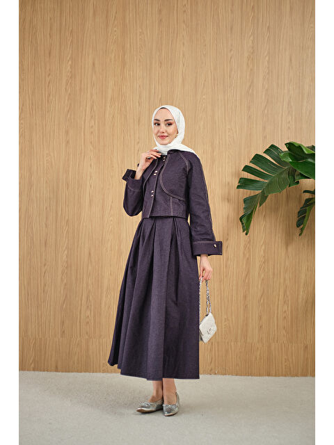 Locco Moda Kadın Pelerin Detay Gold Düğmeli Jean Takım Mürdüm