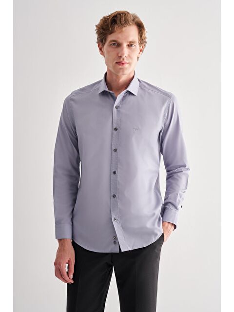 İMZA Koyu Gri Yarım İtalyan Yaka Uzun Kol Slim Fit Pamuklu Gömlek 1004255180 - S000447884-29351