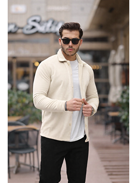 Comstar Erkek Basic Uzun Kol Dar Pamuklu Ekru Polar Gömlek