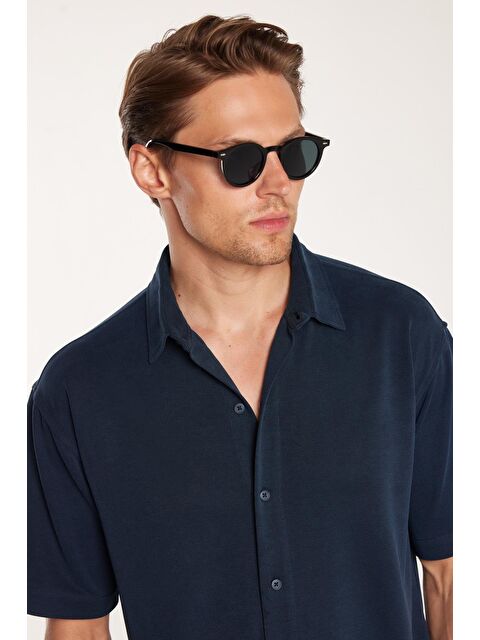 TUDORS Erkek Relax Fit Premium Seri Modal Örme Kumaş Rahat Kullanım Kısa Kollu Spor Lacivert Gömlek - S000518978-21164