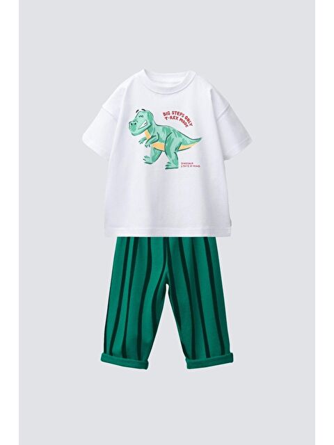 Monila Erkek Çocuk Dinozor Baskılı Bisiklet Yaka Pamuklu Jogger Pantolonlu Altüst Takım - S000515540-5409