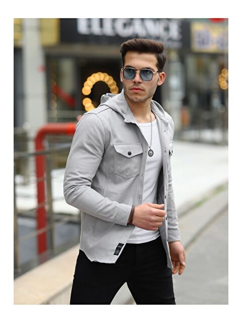 Comstar Erkek Kapüşonlu Çıt Çıtlı Bol Basic Gri Jean Gömlek