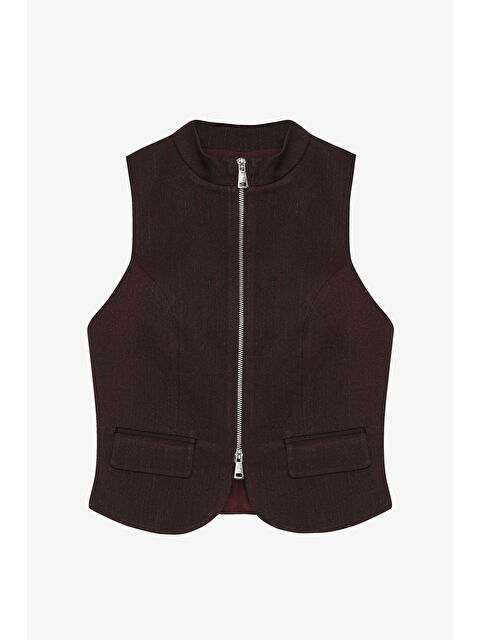 QUZU Fermuarlı Cep Kapaklı Dik Yaka Bluz Kahverengi - S000439204-19413