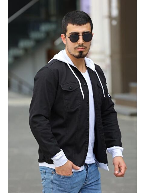 Comstar Erkek Slim Fit Penye Kapüşonlu Düğmeli Jean Gömlek