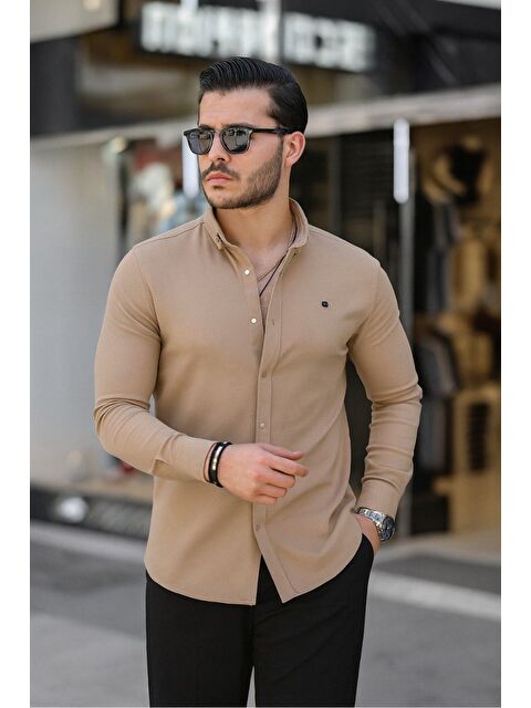 Comstar Erkek Basic Slim Fit Uzun Kol Bej Dar Jean Gömlek