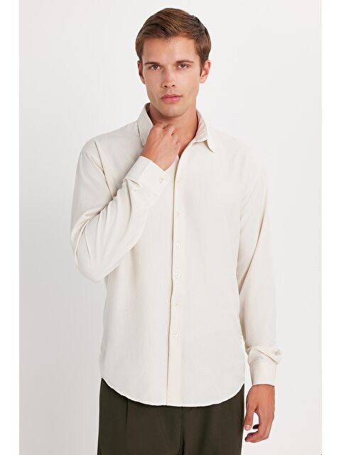 TUDORS Oversize Mevsimlik Keten Dokulu Bol Kalıp Uzun Kollu Rahat Kullanım Erkek Taş Gömlek - S000518982-25636