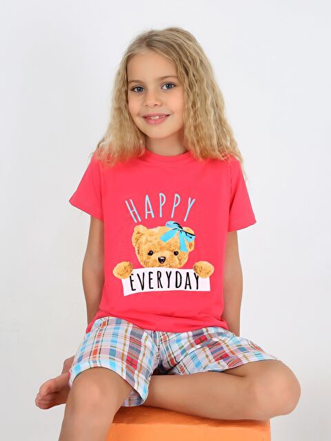 Vitmo Kız Çocuk Kısa Kollu Kapri %100 Pamuklu Happy Bear Pijama Takımı