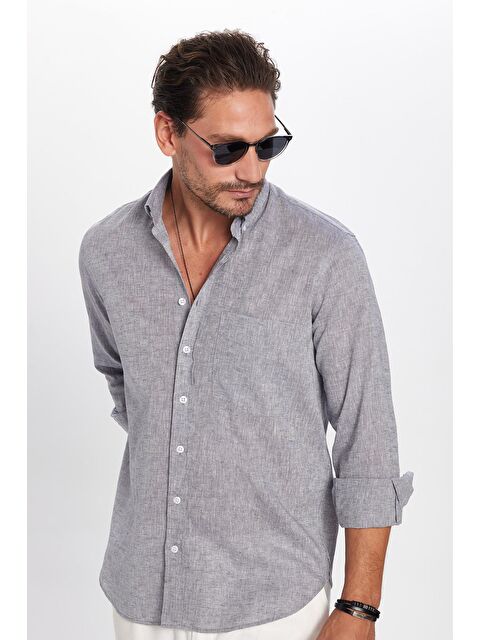 TUDORS Erkek Regular Fit Klasik Kesim Pamuklu Keten Doku Düğmeli Yaka Gri Gömlek
