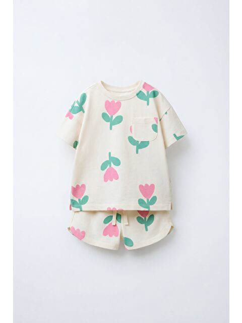 Magu Kız Çocuk Pamuklu Ekru Çiçek Desenli Tişört Şort Takım - Cepli