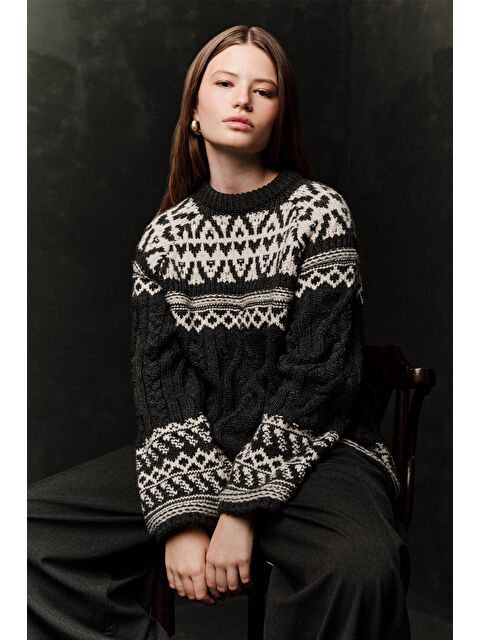 Manuka Nordıc Desenli Kazak Gri - S000499147-20600