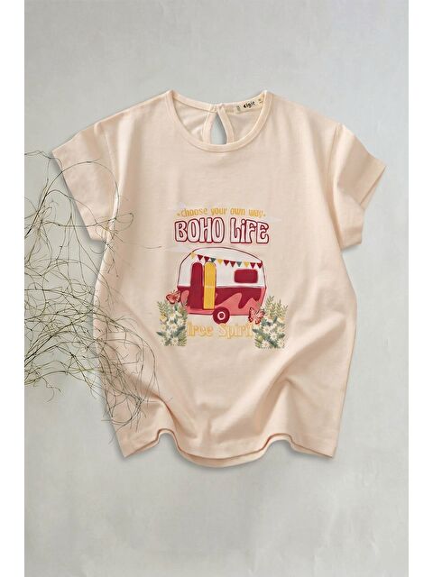 CİGİT Boho Karavan Baskılı T-Shırt 8-12 Yaş Ekru