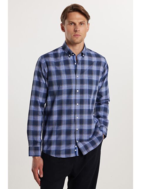 TUDORS Erkek Regular Fit Klasik Kesim Ekoseli Biyeli Yaka Düğmeli Gömlek - S000024089-23173