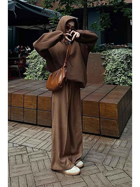 Lamelif Kapüşonlu Oversize Yan Cepli Sweat Acı Kahverengi - S000517852-28102
