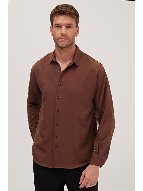 TUDORS Oversize Mevsimlik Keten Dokulu Bol Kalıp Uzun Kollu Rahat Kullanım Erkek Kahverengi Gömlek - S000518987-19413