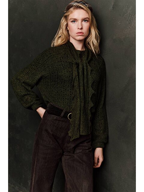 Manuka Bağlama Yakalı Ajurlu Kazak Yeşil - S000499148-18194