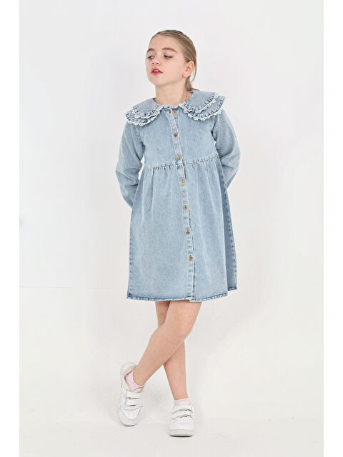 Modanino Kız Çocuk Çift Yaka Detaylı ve Boydan Düğmeli Jean Elbise 12341 - S000466090-17437