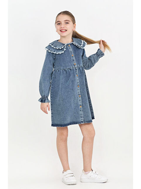 Modanino Kız Çocuk Çift Yaka Detaylı ve Boydan Düğmeli Jean Elbise 12341 - S000466090-23093
