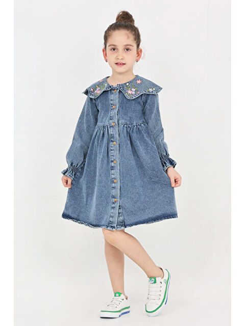 Modanino Kız Çocuk Yaka Detaylı ve Boydan Düğmeli Jean Elbise 12339 - S000466091-23093