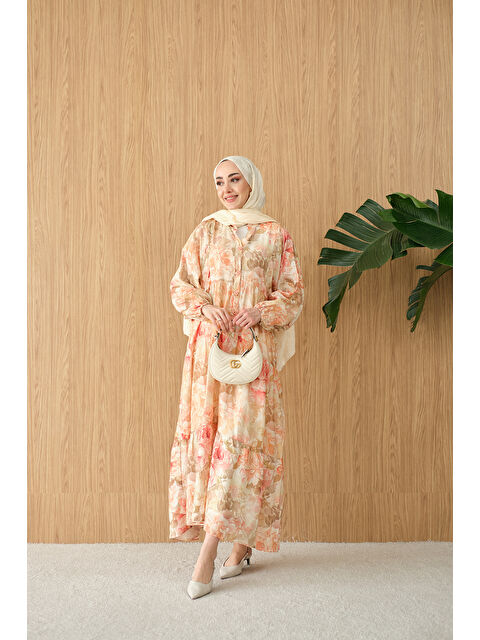 Locco Moda Kadın Floral Çiçek Desen Elbise Somon
