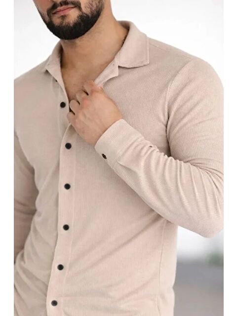 Jane's Erkek Waffle Kumaş Uzun Kollu Düğmeli Açık Yaka Regular Fit Gömlek - Bej