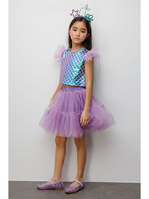 Le Mabelle Lila Deniz Kızı Desenli Tül Detaylı Crop Etek Takım - Tammy - S000518995-17878