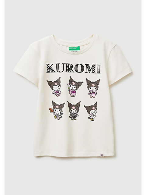 United Colors Of Benetton Kız Çocuk Ekru Önü Baskılı Etek Ucu Logolu Bisiklet Yaka T-Shirt