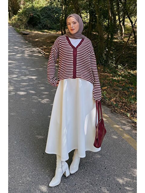 Lamelif İnce Çizgili Triko Hırka Bordo - S000517977-19951