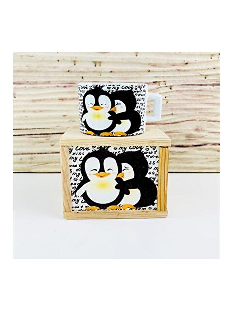 Bam Hediyelik Eşya Ahşap Kutusunda Mutlu Aşıklar Penguen Tasarım Kupa Bardak - S000290214-23173