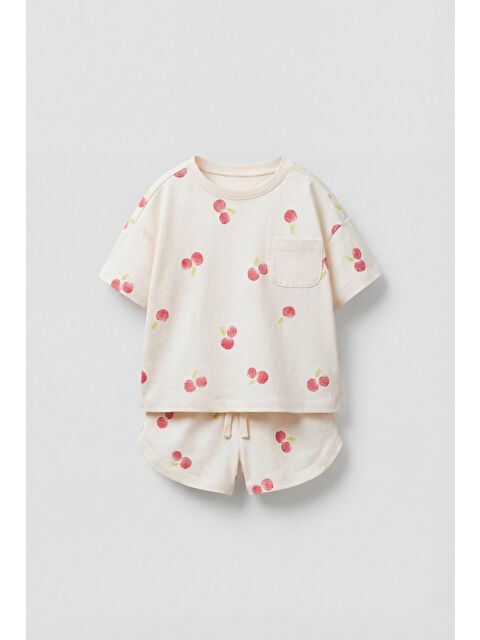 Magu Kız Çocuk Pamuklu Ekru Kiraz Desenli Tişört Şort Takım - Cepli