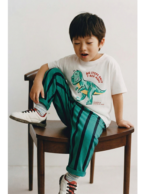Magu Erkek Çocuk Pamuklu Beyaz Baskılı T-Shirt Ve Yeşil Çizgili Pantolon Takım - S000508363-23173