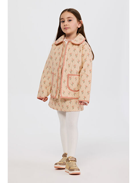 Panço Kız Çocuk Lale Desenli Cepli Kapitone Bej Ceket - S000510517-19928