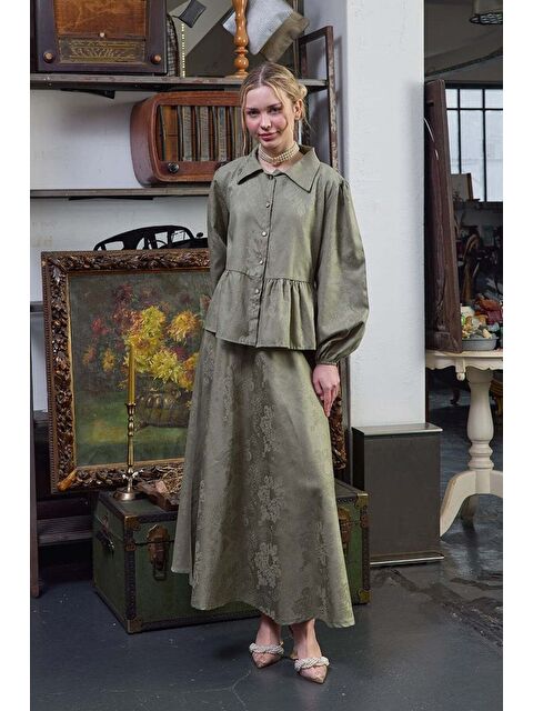 Ceylan Otantik Çağla Yeşili Jakarlı Gömlek Etek Takım - S000355435-14939