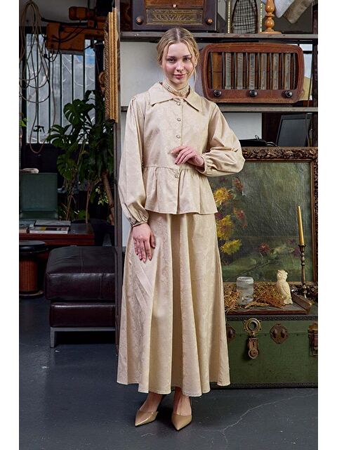 Ceylan Otantik Ekru Jakarlı Gömlek Etek Takım - S000355435-19965