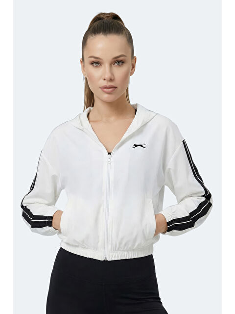 SLAZENGER RAZZLE Kadın Fermuarlı Kapüşonlu Cepli Ekru Sweatshırt