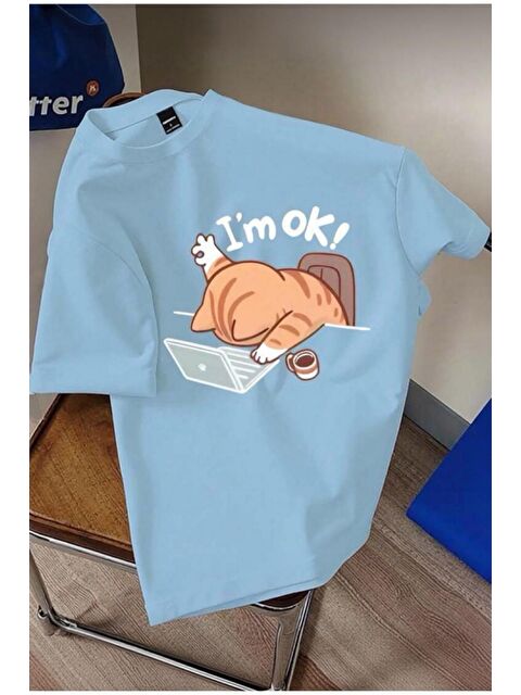 Oksit Yorgun Kedi İllüstrasyonlu Unisex Tasarım Tişört - S000516697-20055