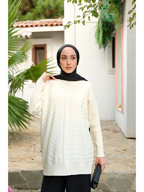 Locco Moda Kadın Kendinden Çizgi Desen Tunik Ekru - S000435816-19965