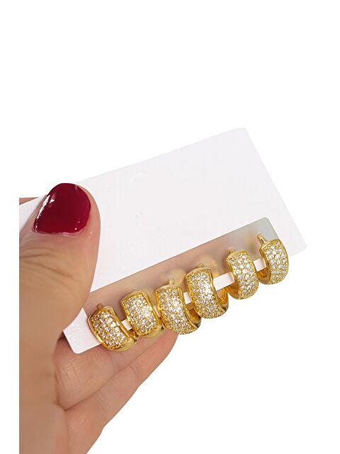 New Obsessions Zirkon Taşlı Altın Rengi 6'lı Halka Küpe Seti - S000484630-20076
