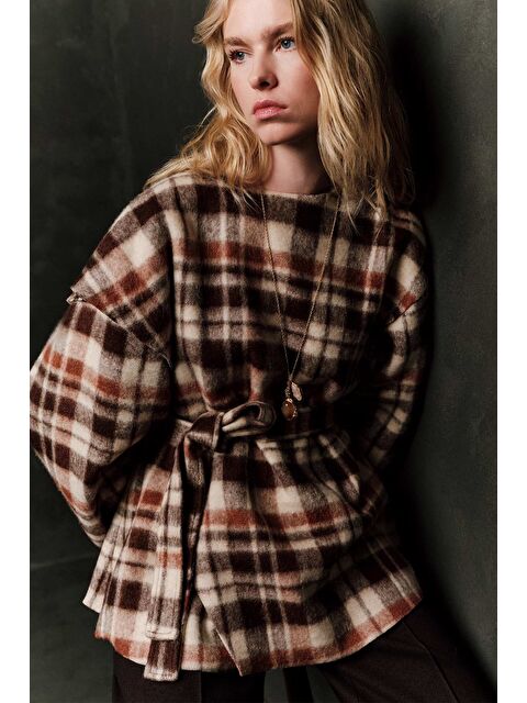 Manuka Şal Detaylı Ekose Panço Kahverengi