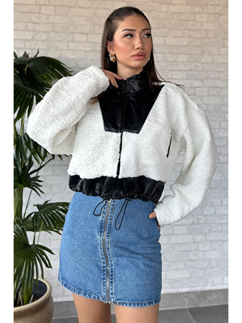 Gülseli Kadın Deri Garnili Cepli Pelüş Ceket - S000324520-19966