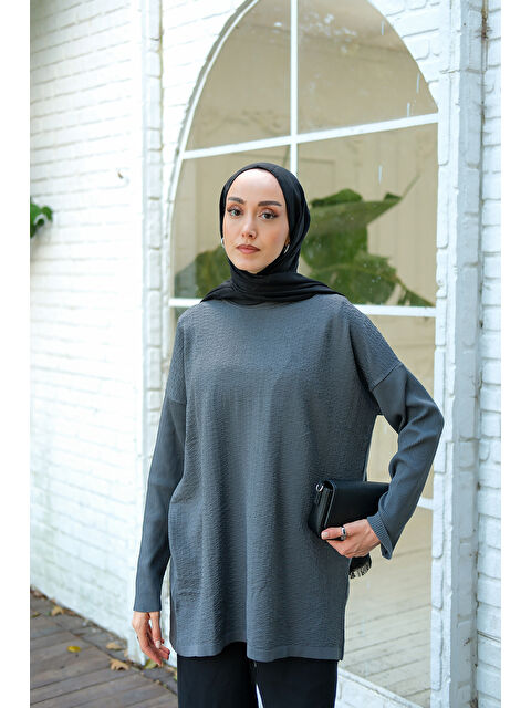 Locco Moda Kadın Kendinden Desenli Tunik Füme - S000435819-33408