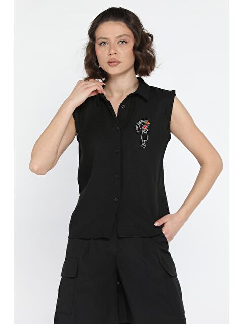 Gülseli Nakışlı Kolsuz Kadın Keten Gömlek - S000365050-19351