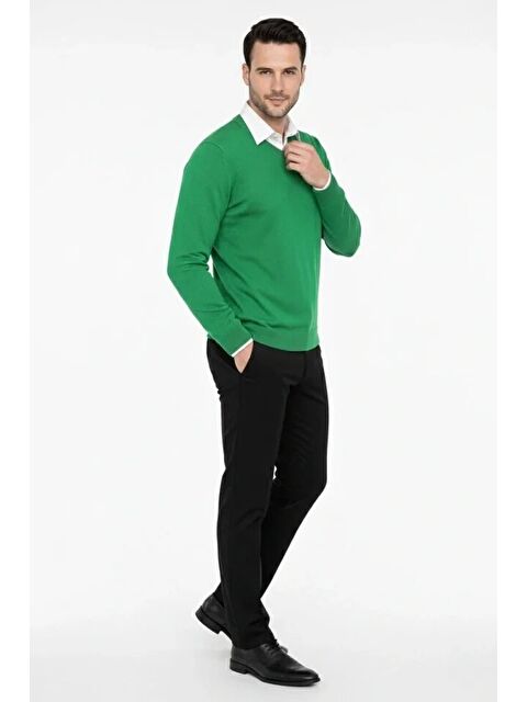 Jane's Erkek V Yaka Triko Kazak Yumuşak Dokulu Pamuklu Ince Dokuma, Uzun Kollu Rahat Regular Kalıp - Çimen