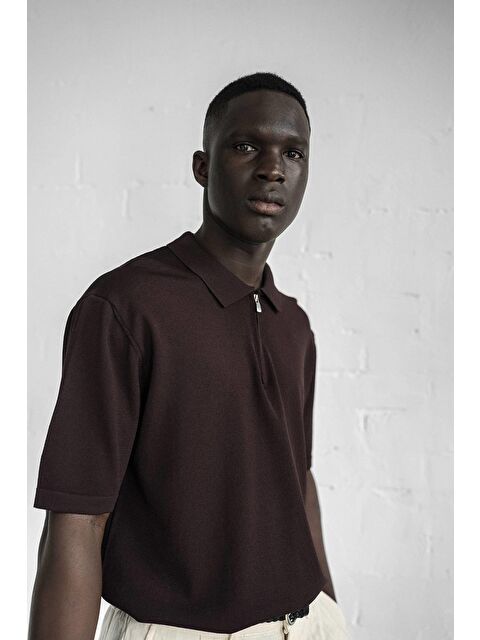 Abluka Online Erkek Yarım Fermuarlı Polo Yaka Tişört Kahverengi - S000365671-19413