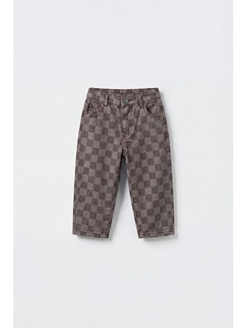 Magu Erkek Çocuk Oversize Pamuklu Kahverengi Kare Desenli Pantolon