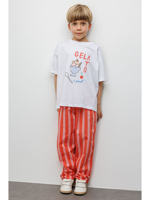 Le Mabelle Kırmızı Gelato Baskılı Çizgi Desenli Çocuk Tişört Pantolon Takım - Edna - S000519003-20045