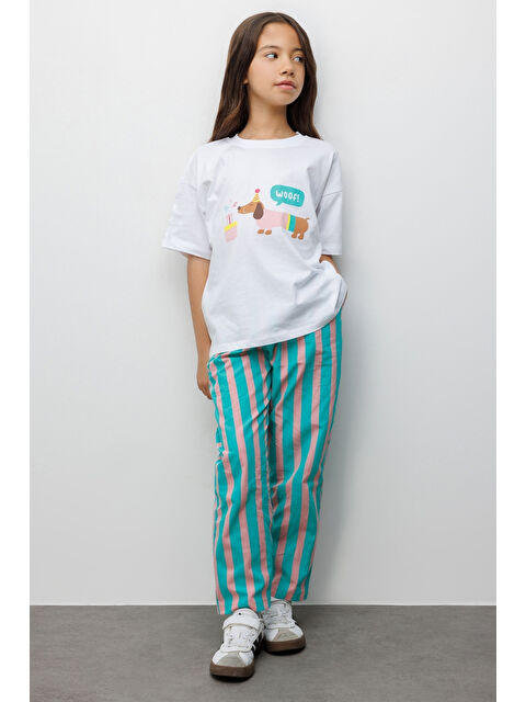 Le Mabelle Mint Parti Baskılı Çizgi Desenli Çocuk Tişört Pantolon Takım - Edna - S000519003-1180