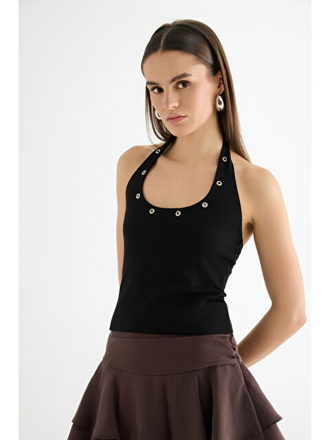 QUZU Kuş Gözü Detaylı Halter Yaka Atlet Siyah - S000497601-19351